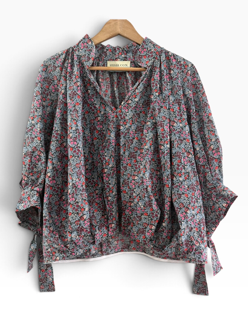 Tish Cox Floral Print Split Neck 1/2 Sleeve Bubble Blouse Size Small